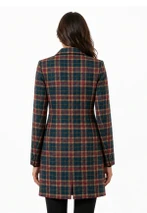 Longline tartan jacket in dark green with red and tan lines, back view