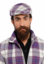 Man wearing a plaid flat cap in purple and white with a matching zip jacket, close-up