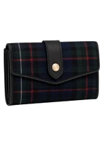 Tartan wallet in navy, green and red plaid with black strap and snap button, front