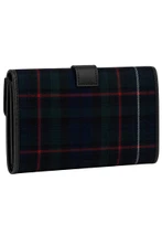 Back of a tartan wallet in navy, green and red plaid with black trim