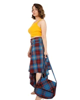 Woman in blue and red tartan Highland Breeze layered skirt with matching bag