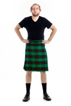 Front view of man in Kinnear bespoke kilt in green, red and black tartan