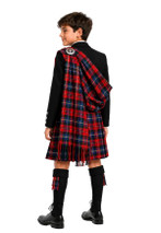 Boy's tartan fly plaid in red and navy draped over the shoulder, back view