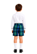 Boy's tartan shorts in blue, green and black plaid, back view