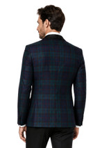 Men's single breasted tartan dinner jacket in navy and green plaid, back view