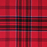 Close-up of navy and green tartan fabric with red and white lines for a bespoke kilt