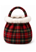Christmas reticule bag in red and green plaid with white fluffy trim and round top handle