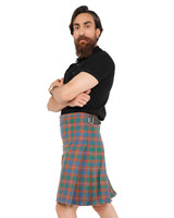 Man wearing a bespoke kilt in light blue tartan with red lines, side view with strap