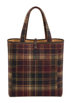 Button closure tartan tote bag in maroon, beige and black plaid, back view