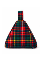 Pyramid-shaped doorstop in red and green tartan with loop handle, side view