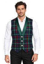 Man wearing a tartan vest in dark green and navy with green satin lapels, front view