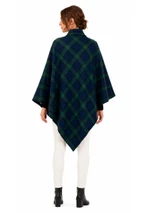 Women's tartan cape in dark navy and green plaid, back view with pointed hem