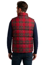 Sleeveless puffer jacket in red plaid with green lines, back view