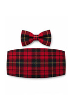 Tartan cummerbund and matching bow tie in red plaid with black and yellow lines