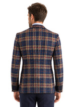 Men's tartan suit jacket in navy and tan plaid, back view