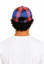 Plaid golf cap in red, blue and purple tartan, back view showing the adjustable strap