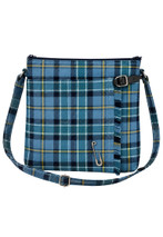Kilt bag in blue tartan with buckle strap, kilt pin and shoulder strap, front view