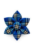 Tartan petal brooch in blue tartan with white and yellow lines, front view