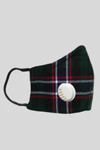 Dark green and navy tartan face mask with red and white lines and breathing valve