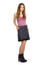 Full length front view of woman in grey denim mini skirt with ankle boots