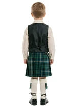 Boy's tartan shorts in blue, green and black plaid with white shirt, front view