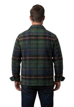 Back view of man in dark green and navy tartan crofter chore coat