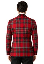 Men's double breasted tartan dinner jacket in red plaid, back view