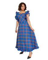 Woman in blue tartan Ocean Mist maxi dress with ruffled sleeves, front view