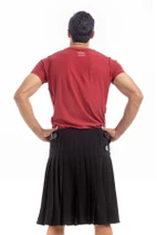 Back view of a plain black kilt showing pleats and side straps