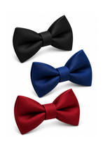 Three plain bow ties in black, navy blue and burgundy red