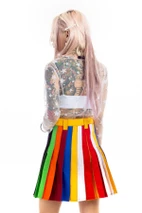 Back view of the skirt showing rainbow pleats in red, yellow, green and blue