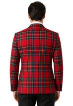 Men's double breasted tartan dinner jacket in red plaid, back view
