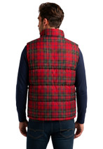 Sleeveless puffer jacket in red plaid with green lines, back view