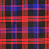 Close-up of navy and green tartan fabric with red and white lines for a bespoke kilt