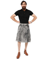Full-length front view of a grey acid-wash rustic denim kilt with brown boots
