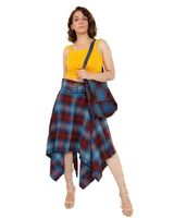 Layered skirt in red and blue plaid with uneven hem and matching bag, front view