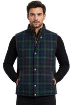Men's tartan gilet in navy and green plaid with snap buttons, front view