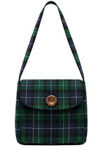 Multi pockets tartan shoulder bag in navy and green plaid with button flap, front view