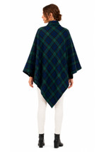 Women's tartan cape in dark navy and green plaid, back view with pointed hem