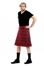 Sinclair kilt in red tartan, full-length three-quarter view with black socks and shoes