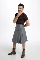 Grey slash pocket kilt front view with side cargo pocket and brown boots