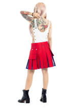 Back view of red hybrid kilt with navy net pleats and side pocket