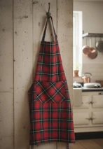 Red tartan apron with large front pocket hanging on a hook in a kitchen