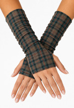 Brown and green tartan fingerless arm warmers worn with crossed hands