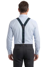 Tartan braces in dark green and navy with Y-back and leather tab, back view