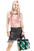 Woman carrying green and white tartan shoulder tote with black leather straps