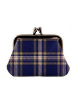Coin purse in navy and cream tartan with metal kiss-lock clasp, front view