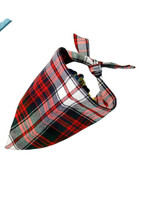 Red, white and green tartan dog bandana with tie straps, side view