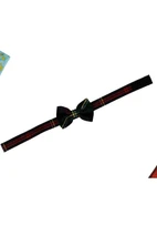 Dark tartan dog bow tie on a slim collar strap, laid flat