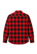 Back view of red and black buffalo check flannel shirt